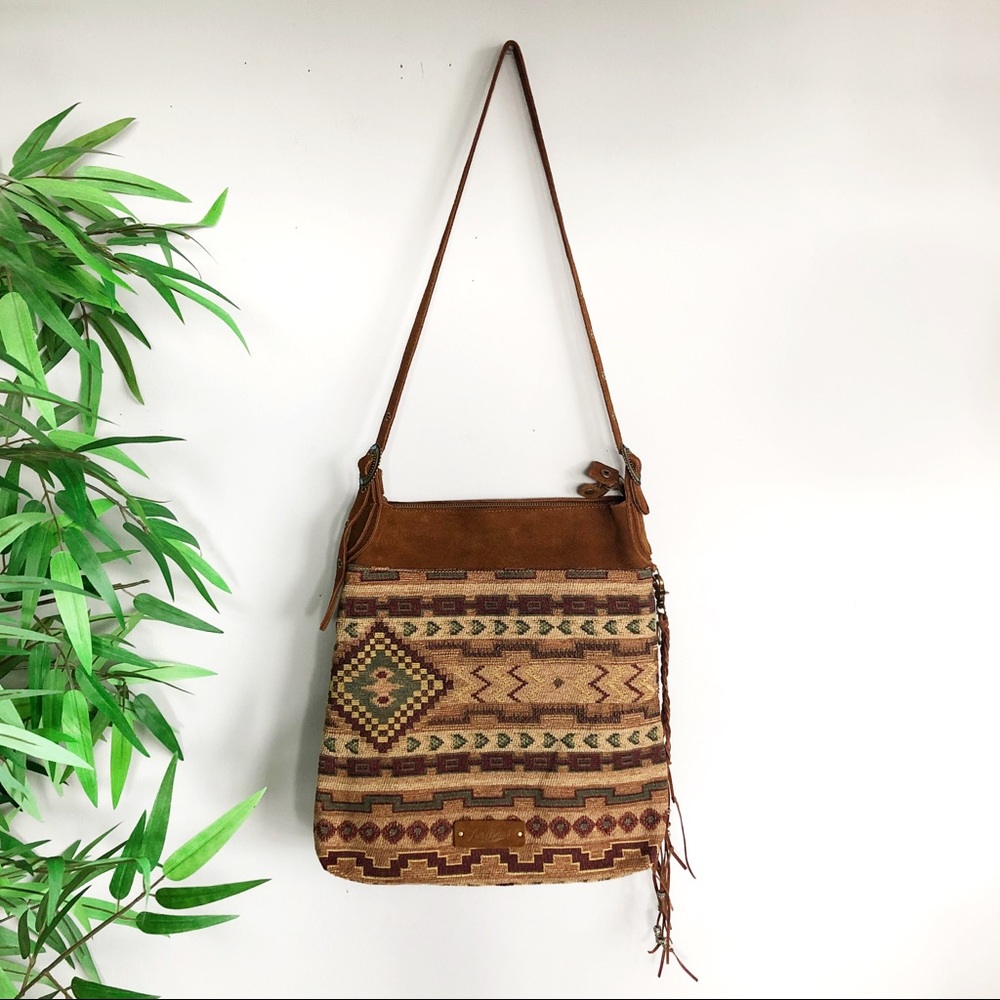 Lucky Brand Suede And Tapestry Crossbody Hobo Bag